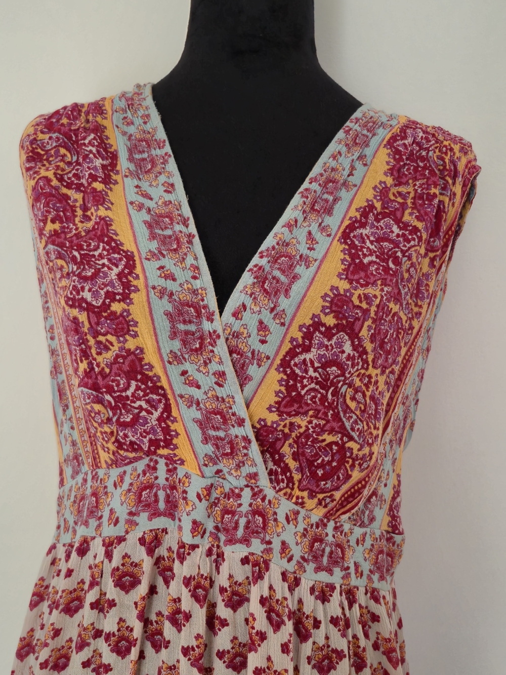 Boho Paisley Crinkle Maxi Dress Pink Yellow Casual Festival, Sun Dress - Picture 2 of 11